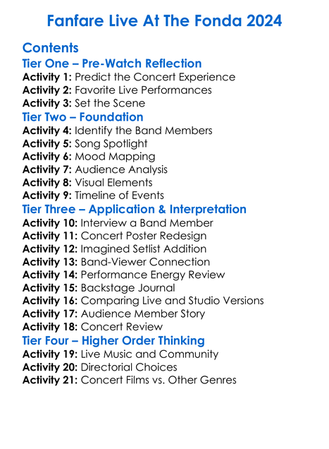 Fanfare Live At The Fonda 2024 Worksheet Activity Booklet