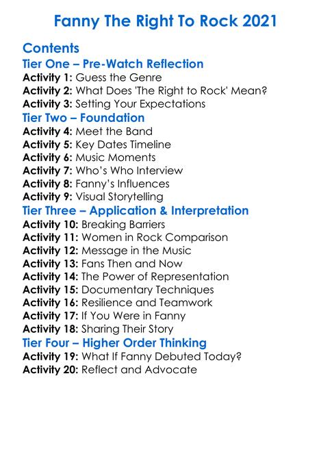 Fanny The Right To Rock 2021 Worksheet Activity Booklet