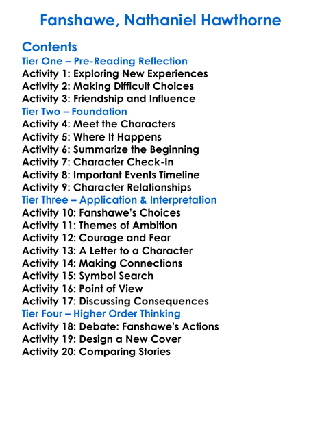 Fanshawe Nathaniel Hawthorne Worksheet Activity Booklet