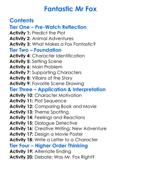 Fantastic Mr Fox Worksheet Activity Booklet