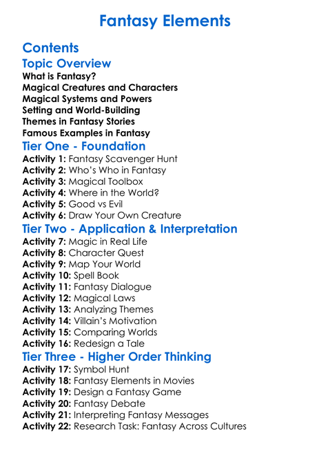 Fantasy Elements Worksheet Activity Booklet