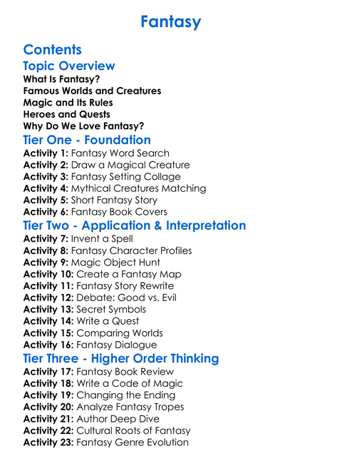 Fantasy Worksheet Activity Booklet