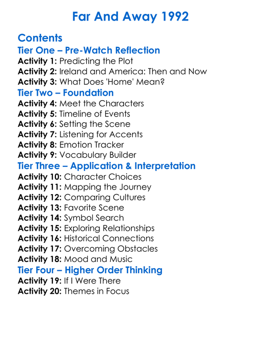 Far And Away 1992 Worksheet Activity Booklet
