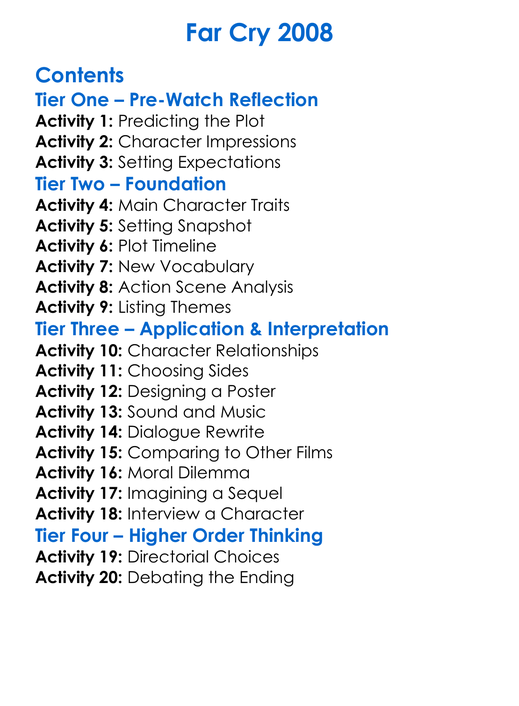 Far Cry 2008 Worksheet Activity Booklet