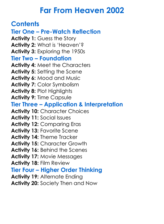 Far From Heaven 2002 Worksheet Activity Booklet