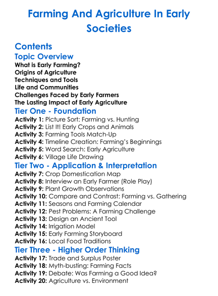 Farming And Agriculture In Early Societies Worksheet Activity Booklet