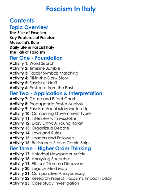 Fascism In Italy Worksheet Activity Booklet