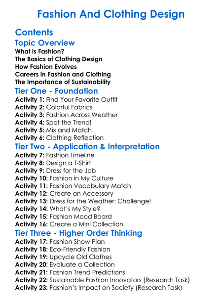 Fashion And Clothing Design Worksheet Activity Booklet