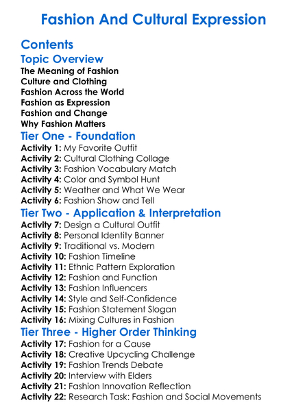 Fashion And Cultural Expression Worksheet Activity Booklet