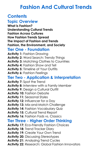 Fashion And Cultural Trends Worksheet Activity Booklet