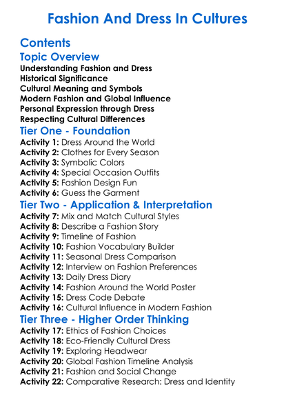 Fashion And Dress In Cultures Worksheet Activity Booklet