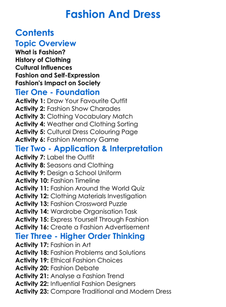 Fashion And Dress Worksheet Activity Booklet