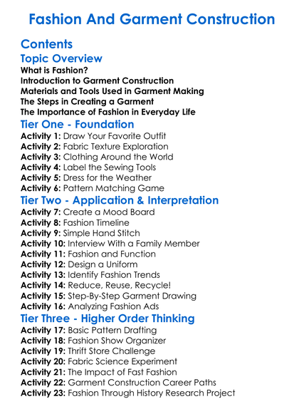 Fashion And Garment Construction Worksheet Activity Booklet