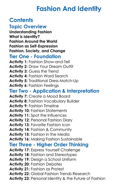 Fashion And Identity Worksheet Activity Booklet