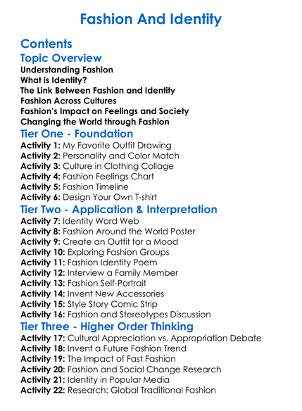 Fashion And Identity Worksheet Activity Booklet