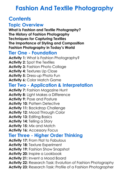Fashion And Textile Photography Worksheet Activity Booklet