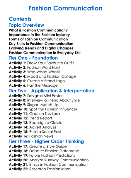 Fashion Communication Worksheet Activity Booklet
