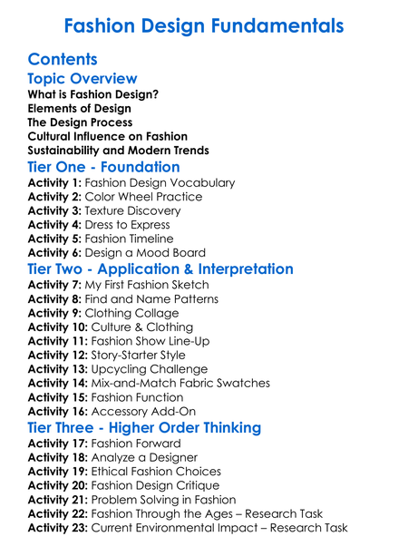 Fashion Design Fundamentals Worksheet Activity Booklet