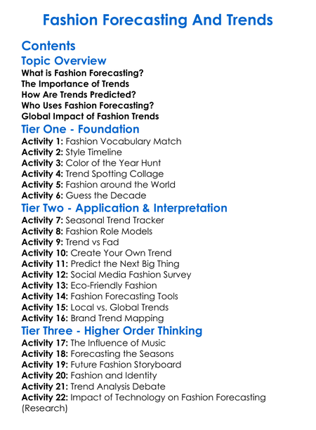 Fashion Forecasting And Trends Worksheet Activity Booklet