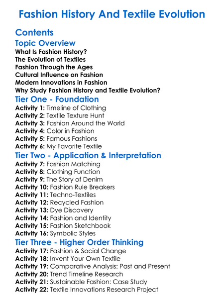 Fashion History And Textile Evolution Worksheet Activity Booklet