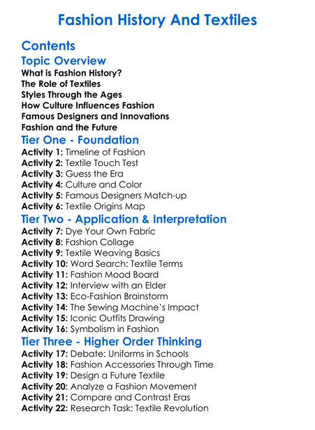 Fashion History And Textiles Worksheet Activity Booklet