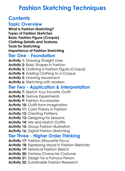 Fashion Sketching Techniques Worksheet Activity Booklet