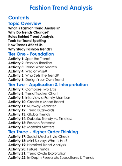 Fashion Trend Analysis Worksheet Activity Booklet
