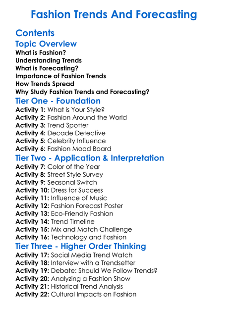Fashion Trends And Forecasting Worksheet Activity Booklet