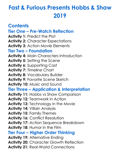 Fast Furious Presents Hobbs Shaw 2019 Worksheet Activity Booklet