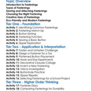 Fastening And Closures In Textiles Worksheet Activity Booklet