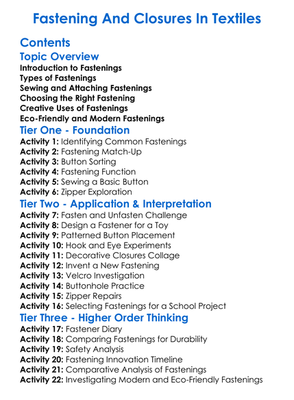 Fastening And Closures In Textiles Worksheet Activity Booklet