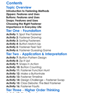 Fastening Methods Zippers Buttons Snaps Worksheet Activity Booklet