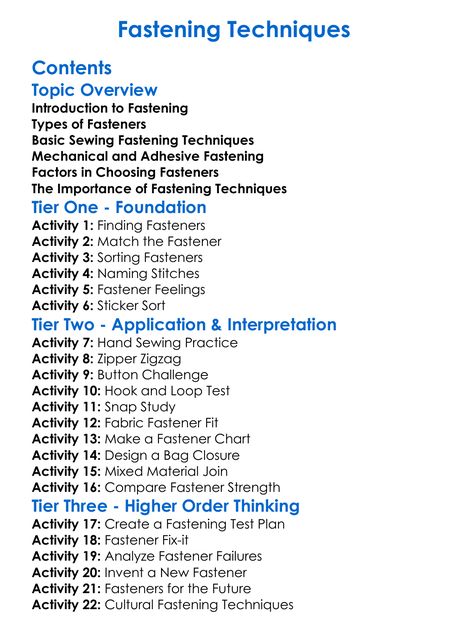 Fastening Techniques Worksheet Activity Booklet