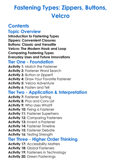 Fastening Types Zippers Buttons Velcro Worksheet Activity Booklet