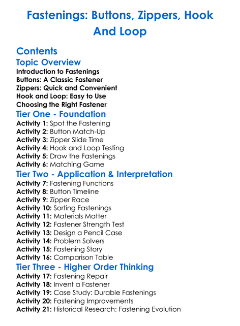 Fastenings Buttons Zippers Hook And Loop Worksheet Activity Booklet