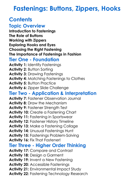 Fastenings Buttons Zippers Hooks Worksheet Activity Booklet