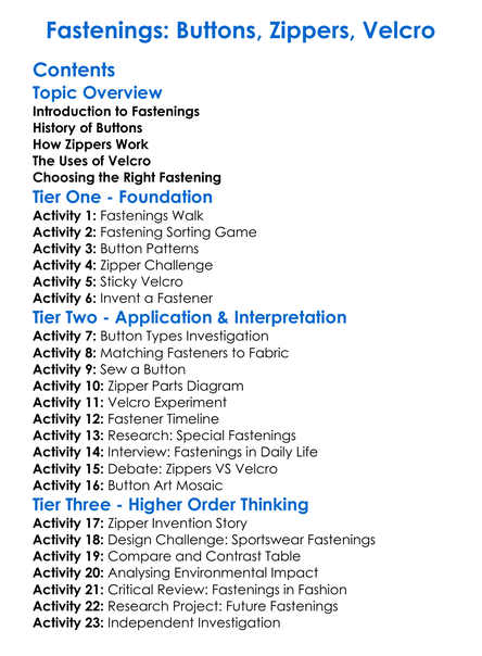 Fastenings Buttons Zippers Velcro Worksheet Activity Booklet