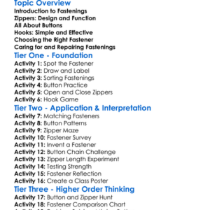 Fastenings Zippers Buttons Hooks Worksheet Activity Booklet