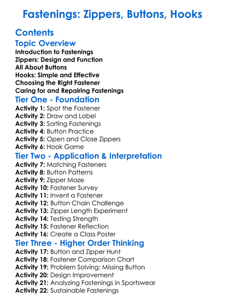 Fastenings Zippers Buttons Hooks Worksheet Activity Booklet