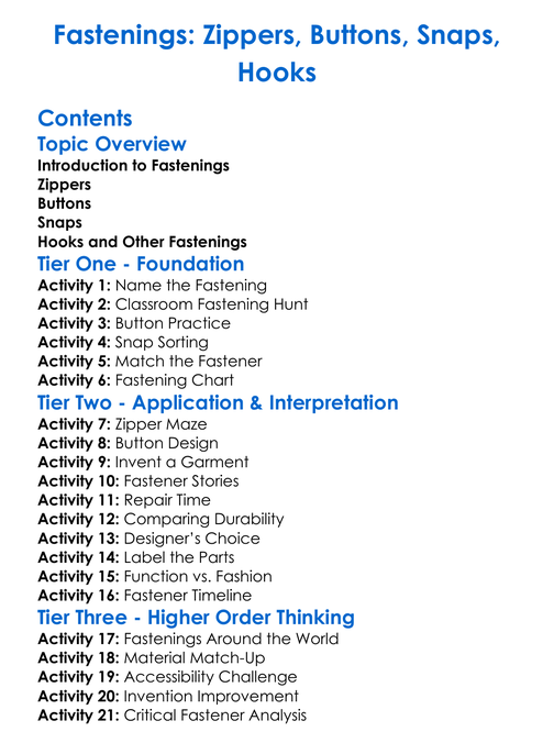 Fastenings Zippers Buttons Snaps Hooks Worksheet Activity Booklet