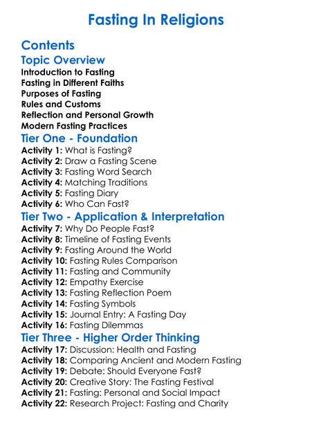 Fasting In Religions Worksheet Activity Booklet