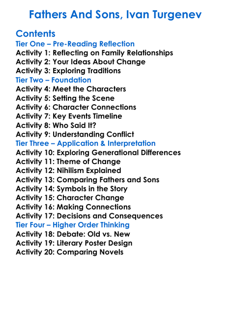 Fathers And Sons Ivan Turgenev Worksheet Activity Booklet