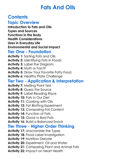Fats And Oils Worksheet Activity Booklet