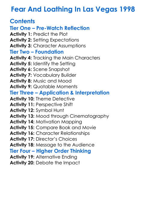 Fear And Loathing In Las Vegas 1998 Worksheet Activity Booklet