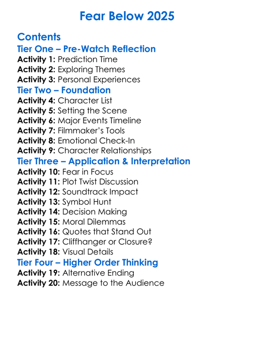 Fear Below 2025 Worksheet Activity Booklet