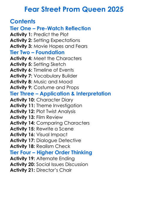 Fear Street Prom Queen 2025 Worksheet Activity Booklet