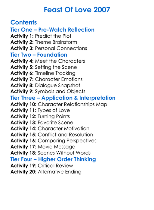 Feast Of Love 2007 Worksheet Activity Booklet
