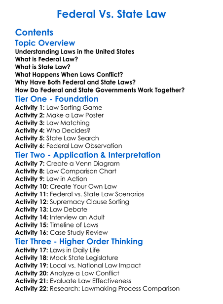 Federal Vs State Law Worksheet Activity Booklet