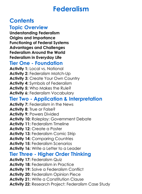 Federalism Worksheet Activity Booklet