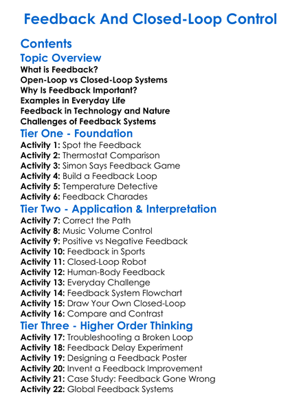 Feedback And Closed-Loop Control Worksheet Activity Booklet